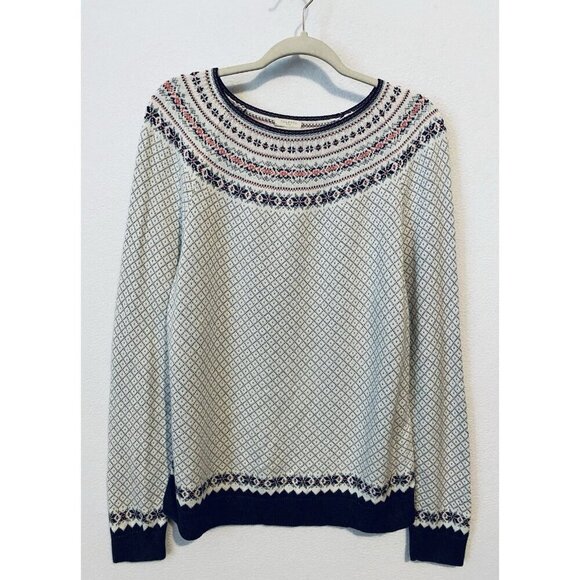 Talbots Sweater Womens XL Gray Pink Fair Isle Snowflake Nordic Pullover Cozy - Picture 1 of 7